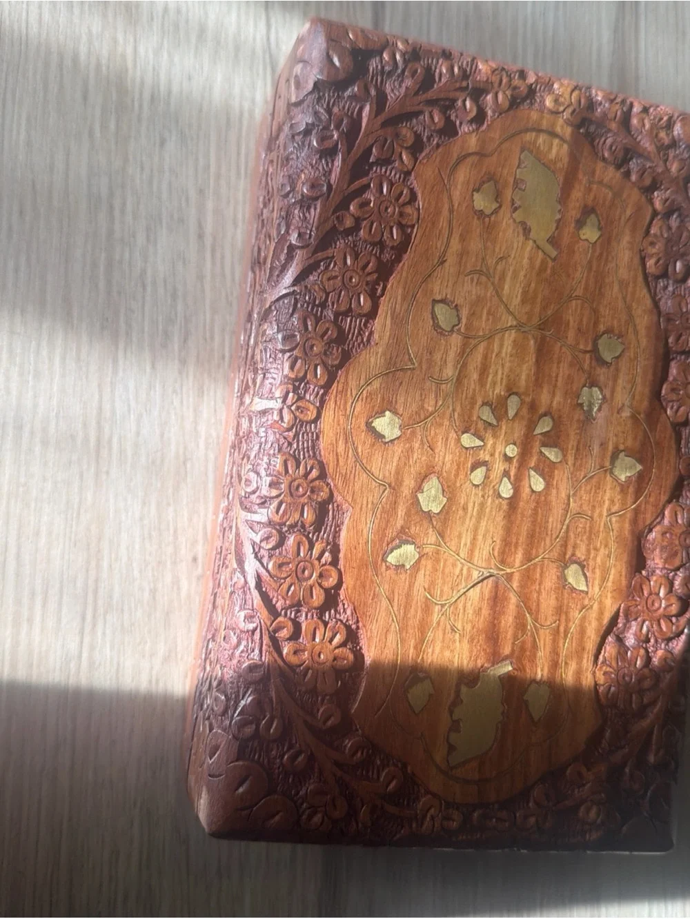 Hand-Carved Wooden Jewelry Box with Inlay